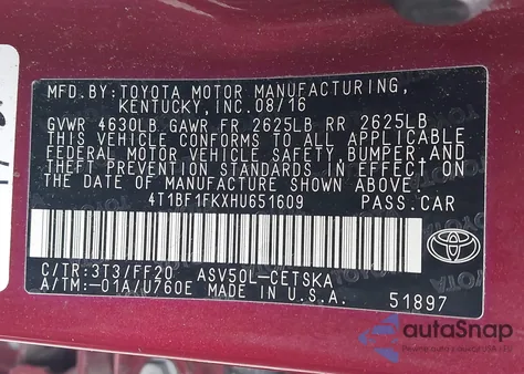 2017 Toyota Camry Se z USA, uszkodzony, nr VIN 4T1BF1FKXHU651609